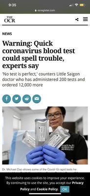 Dr. Dao in an OCRegister article capitalizing on a pandemic. Offering $47 for a COVID-19 test that gives false-negative results