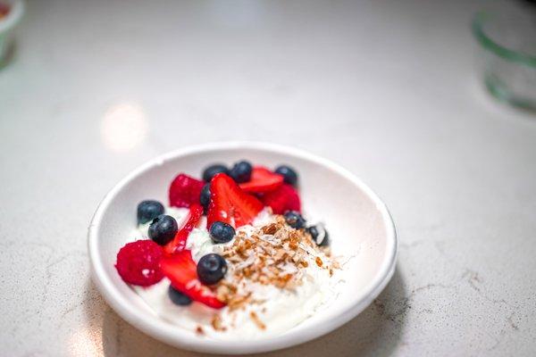 Smoothie Bowl, Greek Yogurt, Granola, in season fruit and berries.