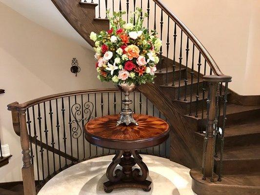 Custom made beautiful & elegant silk floral arrangment for a grand foyer!