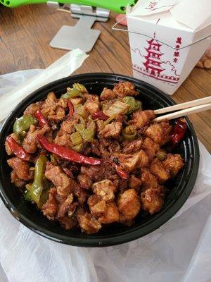 Kung pao chicken no peanuts and extra spicy! Fresh and hot! Big boss hooked it up with the extra heat!