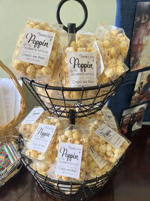 Wedding party favors for a downtown Charleston wedding.  Kettle corn with custom labels.