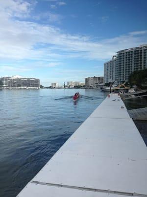 Masters 8+ heading out for a row on a beautiful Sunday morning.