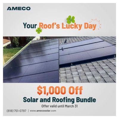 Get AMECO's Solar and Roofing Bundle and save $1,000 now to enjoy the benefits of renewable energy and top-quality roofing.