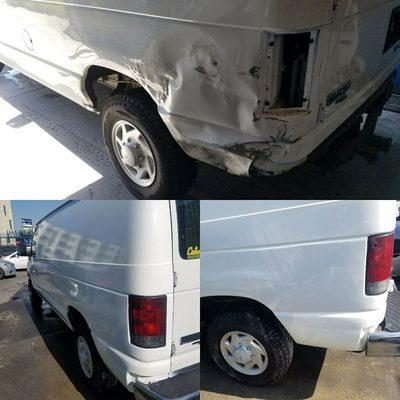 Before and After quarter panel repair and paint, 2008 ford E-250