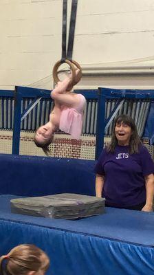 My three year old working out on the balance beam and mat with Ms. Jan