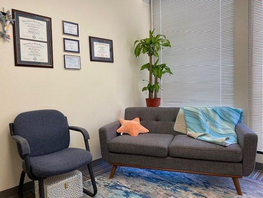 Office with beach colors and starfish theme.