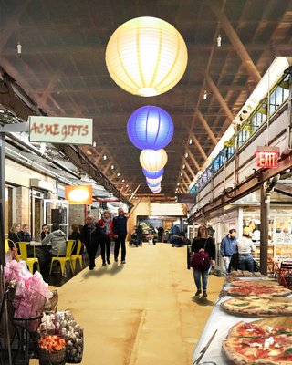 Parkville Market interior rendering.  A destination spot that will include shops, food stands, social and work spaces.