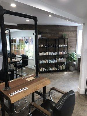 Beautiful redwood tables and the most Comfortable salon chair I have ever been in