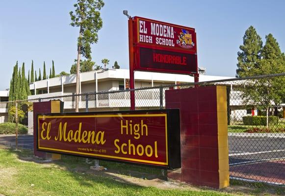 This is the Spring Street front of El Modena High School.  The lower El Modena sign was installed in June 2011.