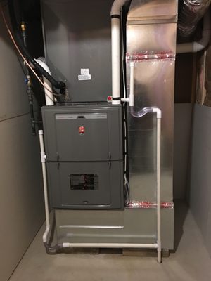 New Installation, converted from central heat pump.   Rheem 95% A.F.U.E. 
  Propane Fired Warm Air Furnace 
  With Central Air Conditioning