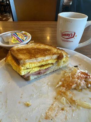 moons over my hammy all the way with hash browns and gravy plus coffee.  Couldn't wait to dig in.