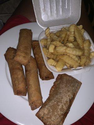 Spring rolls, fries & a apple turnover. Needed a quick fix late night. Hit the spot.