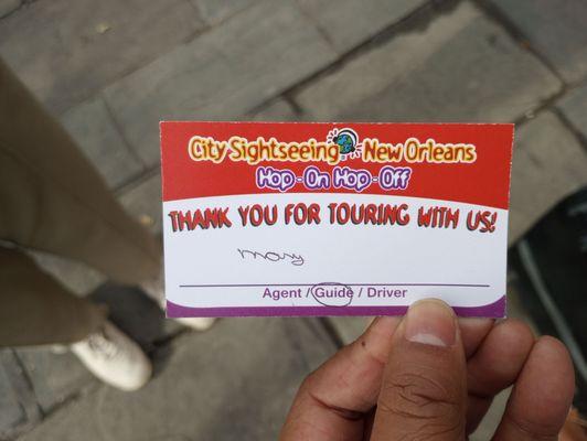 Mary! Our tour guide's card. Very informative lady.