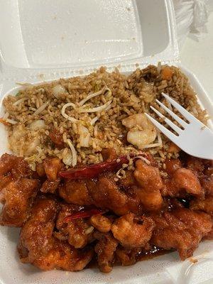 General Tso's chicken with shrimp fried rice.