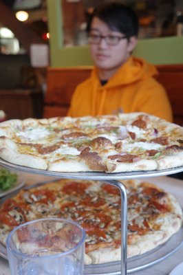 The top pizza is the Mama Mia (super good!) and the bottom is the Mushroom Sausage (also pretty good)