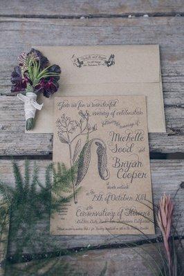 Custom vintage botanical wedding invitation suite