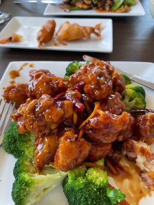 Orange Flavor Chicken with Broccoli and Jumbo Fantail Shrimp (leftover of the 4)