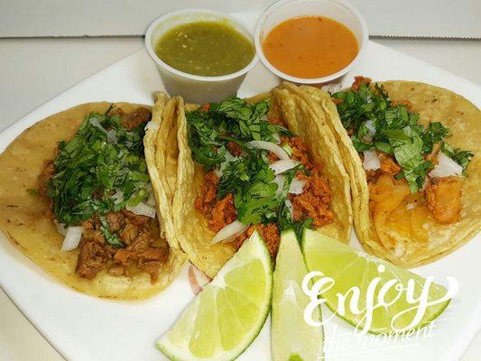 Tacos
(Left to right)
Steak/Asada
Sausage/Chorizo
Marinated Pork/Al Pastor.