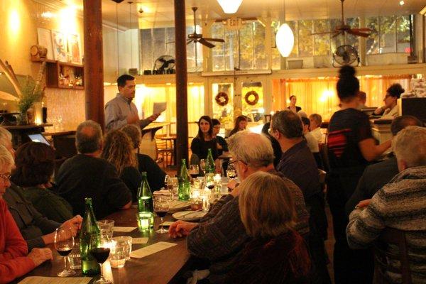 SEEDS Executive Director Jeff Sloan speaks to Sunday Suppers fundraiser attendees - November 2017 at Pizzaiolo in Oakland