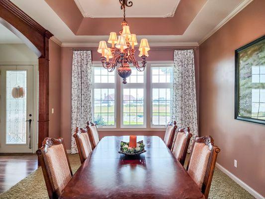 Carole Drapery Panels on Kirsch Rod with Crystal finials with Hunter Douglas Light Filtering Duette Honeycomb Shade