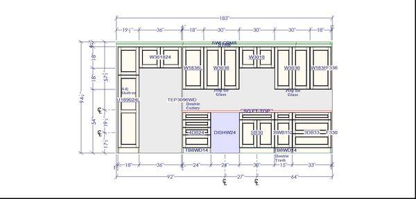 Detailed kitchen plans denoting position of cabinets and appliances