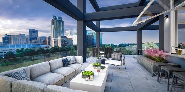 Rooftop lounge with view of city