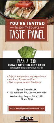 Here by invite as a taste panel for Olga's Kitchen