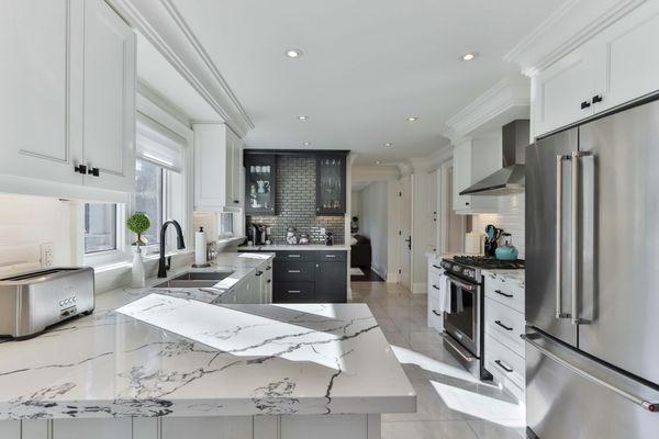 Carrera countertops in super white kitchen