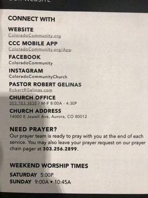 Service times. Ways to connect. Church phone number.