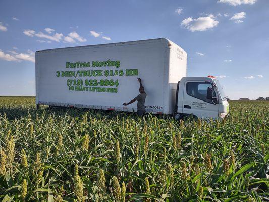 Tire blew on the way home from a move and ended up in the corn field.  No one was hurt.  Truck was totaled but we got a photo opportunity.