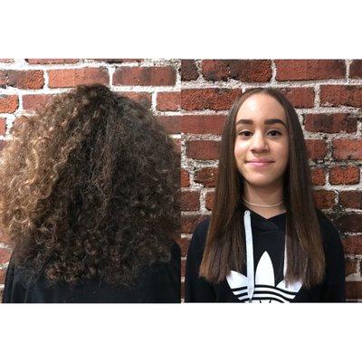 Before and after - Japanese hair straightening on thick, extra curly hair. Grown out with keratins to ease back into the natural texture.