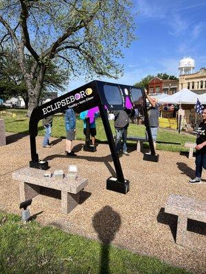 Eclipse 2024 in Hillsboro Texas.  Large public viewing eclipse glasses were built by the City Works Department