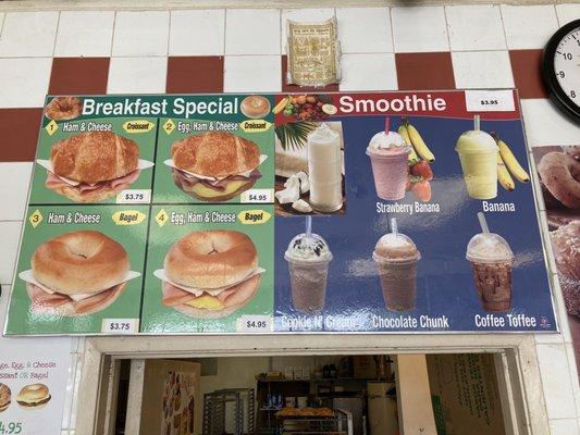 Breakfast sandwiches and smoothie menu