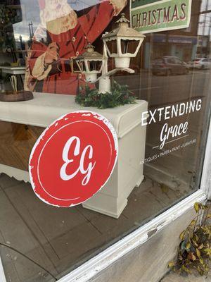 Front of store at Extending Grace. Can't make it in? Download our App! Shop 24/7   https://extendinggrace.commentsold.com/links