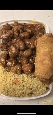 General's Chicken, pork fried rice and an egg roll