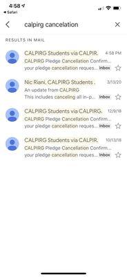 Several different cancellation requests spanning 2 and a half years.