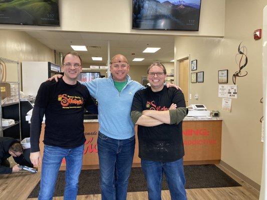 Mr. Sticky's owners, childhood friends Mark and Rob...and of course me in the middle. They even gave me a hairnet!!!