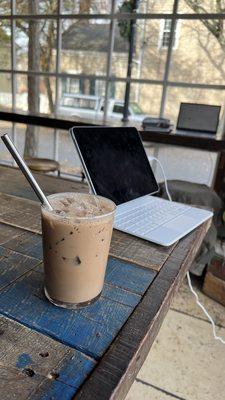 Iced coffee and charging ports available