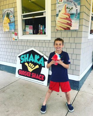 Red, white and blue shave ice at Shaka Burger Avalon