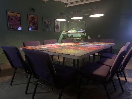 Our game space, arranged for large parties.