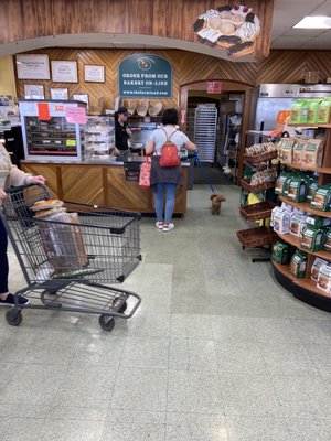 Dog headed to go behind the counter to where food is prepared.