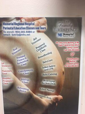 Free hospital tours and breast feeding classes. Tons of other classes available for a small fee.