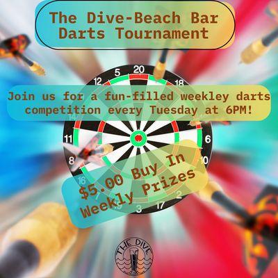 Join us for The Dive's Weekly Bullshooter Darts Tournament! 

Starting today 7/30/24 and every Tuesday at 6 PM, come show off your skills!