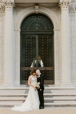 Bride and groom at Flood Mansion