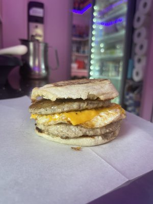 Double sausage breakfast sandwich #breakfast #coffee