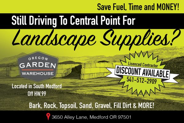 Located in Southern Medford. Large inventory of landscape materials.