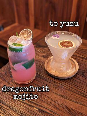 Dragonfruit mojito and to yuzu cocktail