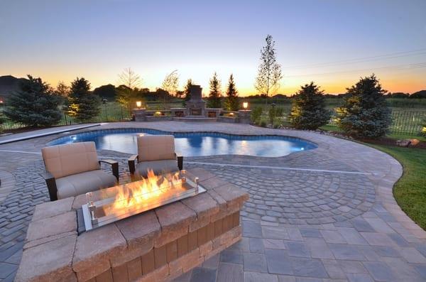 Brick Paver Pool Deck and Fire Table