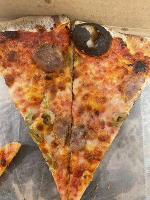 Soggy, cold thin crust pizza with burnt pieces