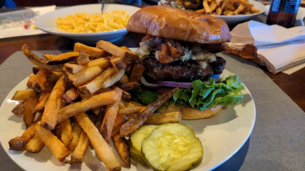 Burger with blue crumbles and crispy bacon  sooooo juicy and delicious